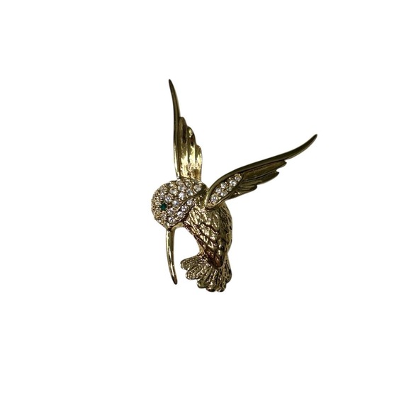 Jewelry - Vintage Gold Tone Rhinestone Green Eye Shiny Hummingbird Bird Brooch Pin